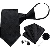 DiBanGu Mens Zipper Tie,Silk Paisley Solid Plaid Pre-tied Tie and Pocket Square Set Formal Adjustable Necktie with Lapel Pin