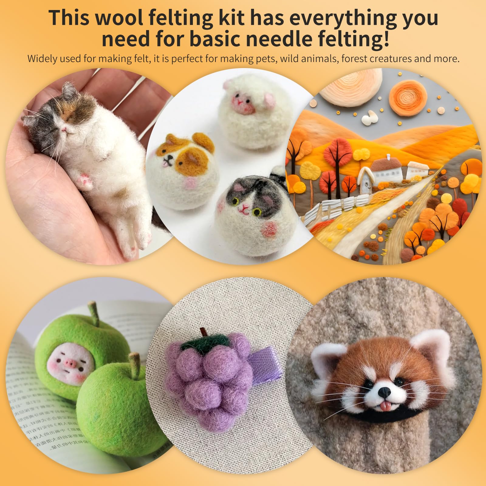 JUPEAN Needle Felting Kit, 24 Colors Wool Roving (5g/Color), Complete Needle Felting Starter Kit with Needle Felting Supplies Wool Fibre Spinning Craft Felting Kits for Beginners