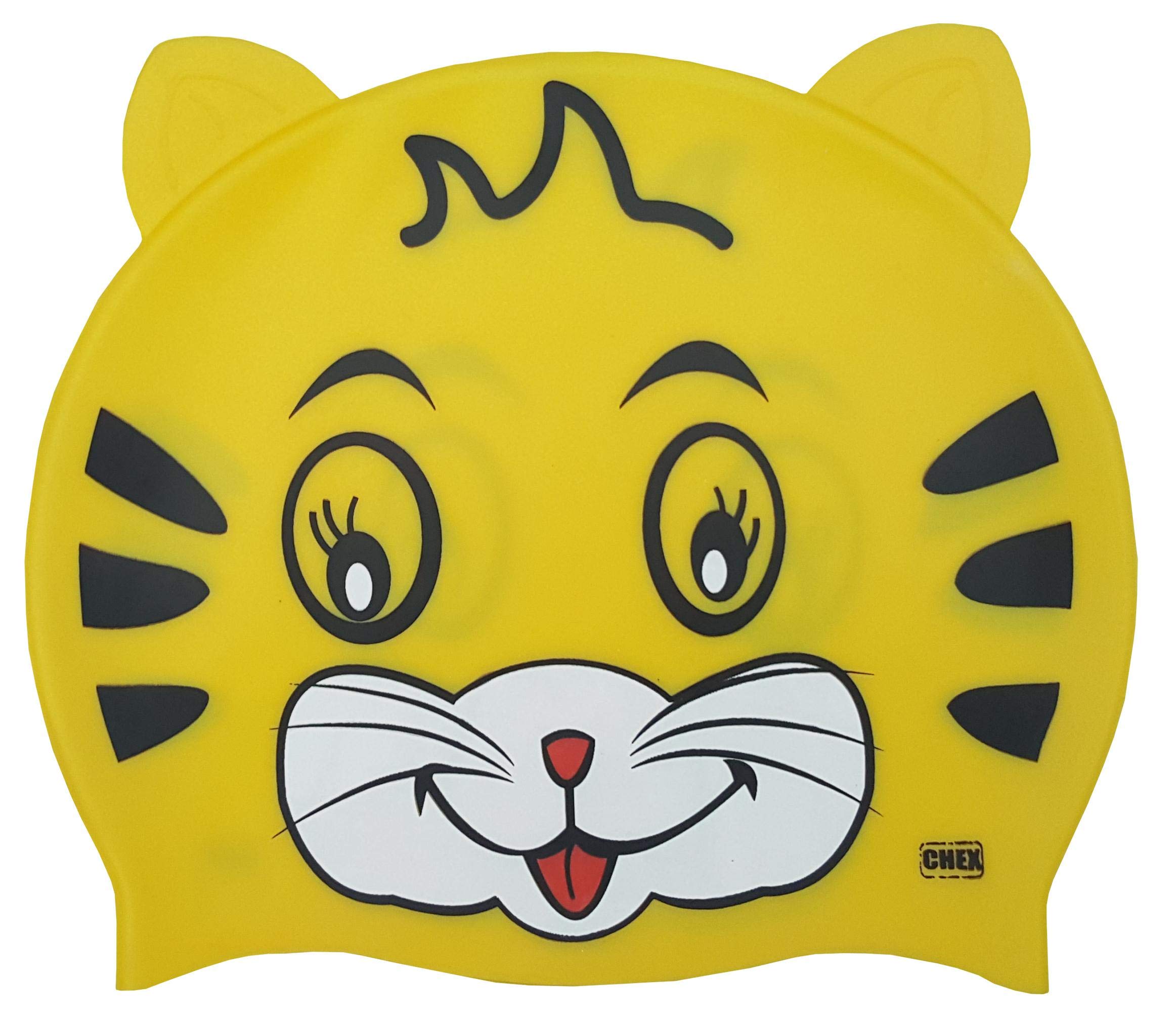 CHEX Stretchy Silicone Unisex Girls Boys 3-7 Years One Piece Swimming Hat Swim Cap Kitten Cat Print Design & Ears One Size Pull On Swim Hat (Yellow)
