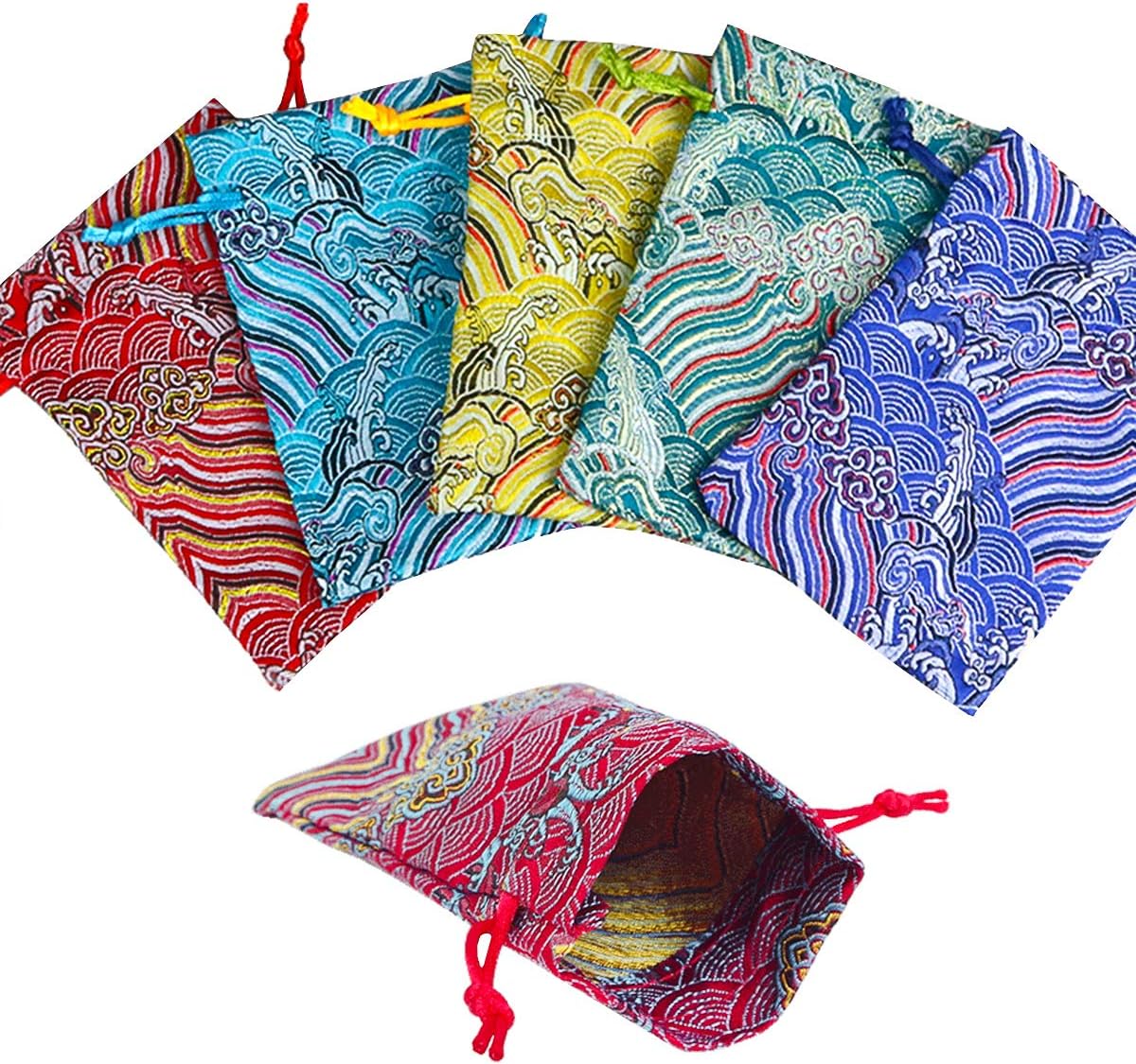 Pinowu Silk Brocade Jewelry Pouch Bag 10x14cm (10pcs) for Wedding Party Favors Drawstring Coin Purse Embroidered Sachet Candy Chocolate Bag for Christmas New Year Birthday Party - Image 3