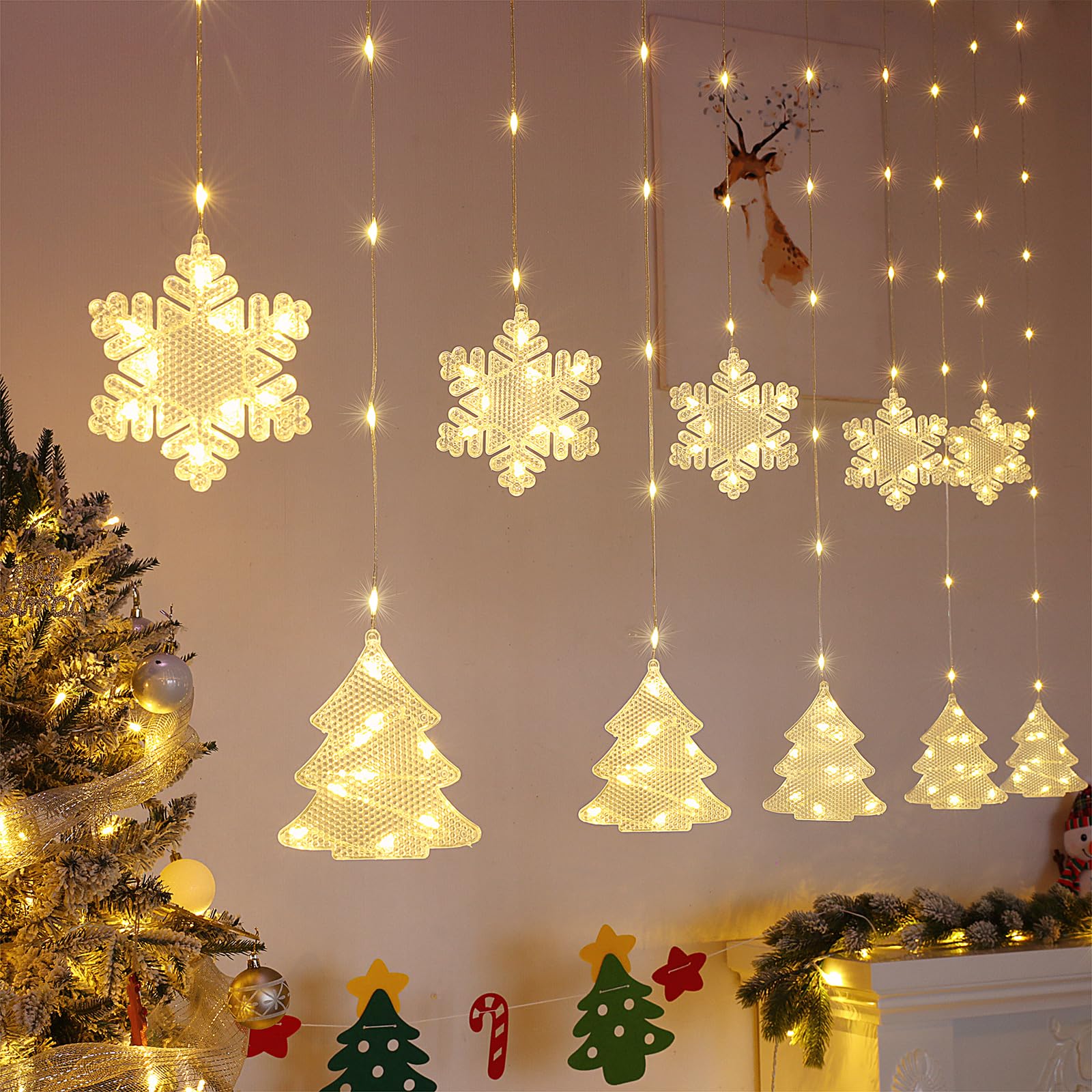 BLOOMWIN Christmas Window Lights Indoor - 2M 160 LED Snowflake Curtain Hanging Fairy String Icicle Lights for Xmas Bedroom Wall Party Outdoor, Warm White USB