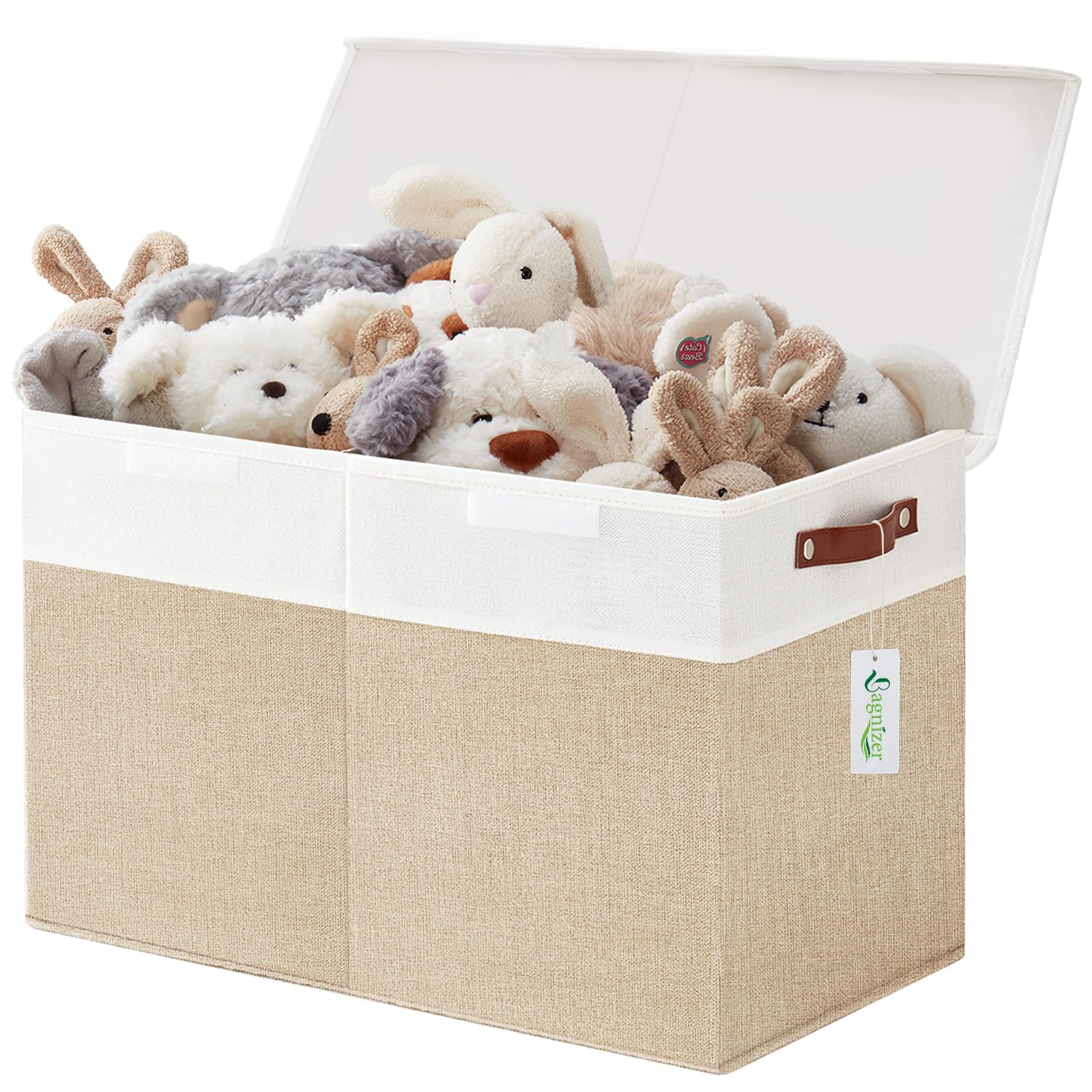Photo 1 of Bagnizer Large Toy Storage Box with Lids, Collapsible Sturdy Baby Storage Organizer Chest Bin Basket for Kids, Boys, Girls, Playroom, Nursery, Bedroom, Closet 25"x13"x16" (Beige and White)