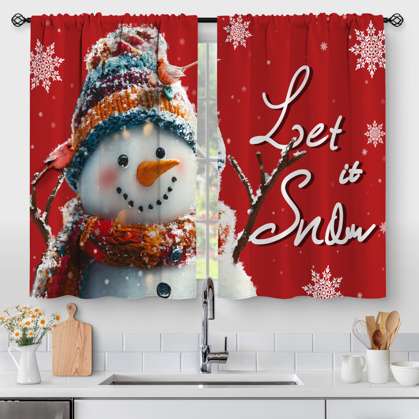 Photo 1 of Aimego Christmas Snowman Kitchen Curtains - Xmas Decorations Winter Red Pattern Cafe Small Short Tier Window Curtains for Living Dining Room Decor Rod Pocket Window Drapes 36 Inch Length Set 28"x36"