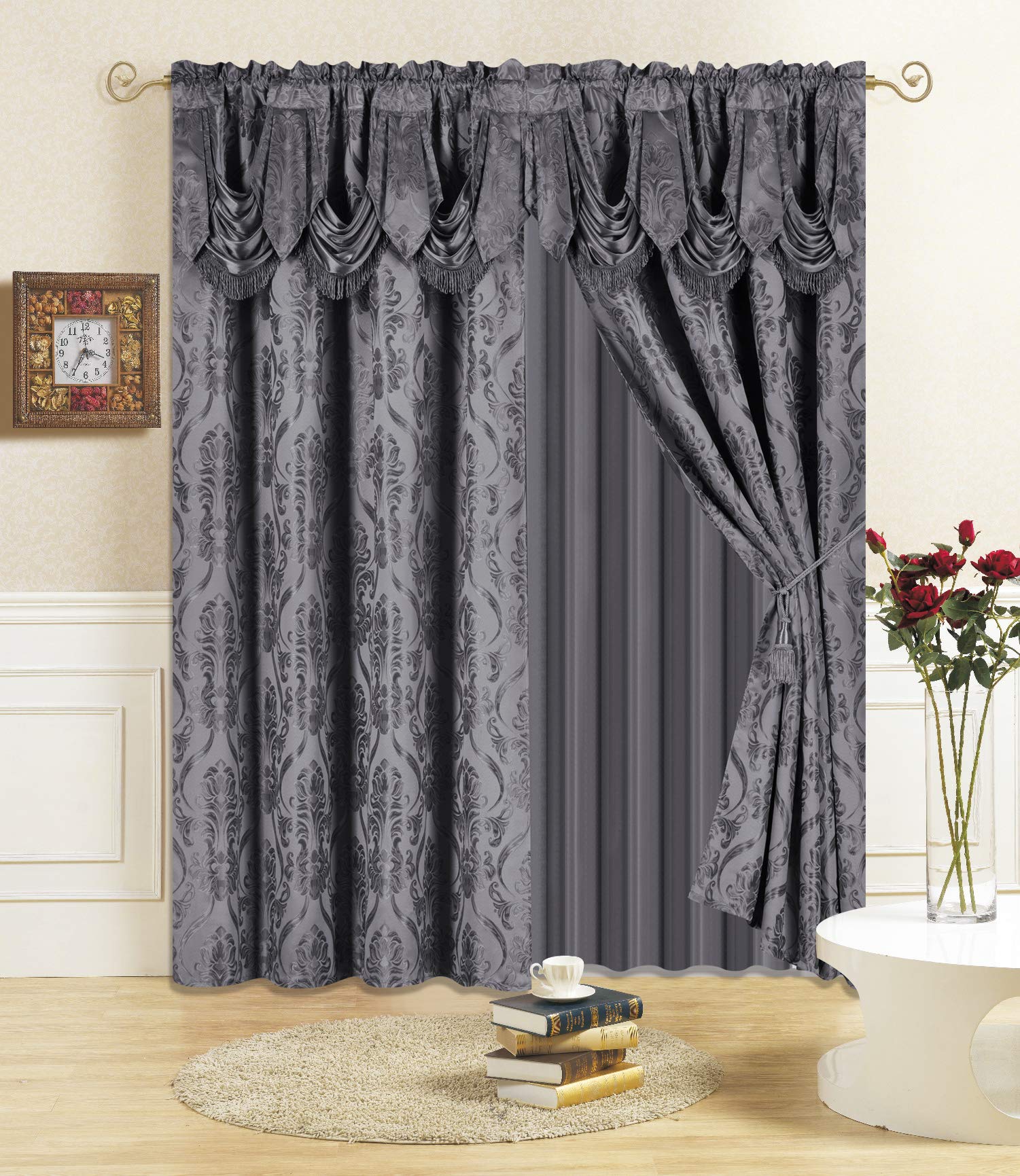 All American Collection New 4 Piece Drape Set with Attached Valance and Sheer with 2 Tie Backs Included (84" Length, Charcoal)