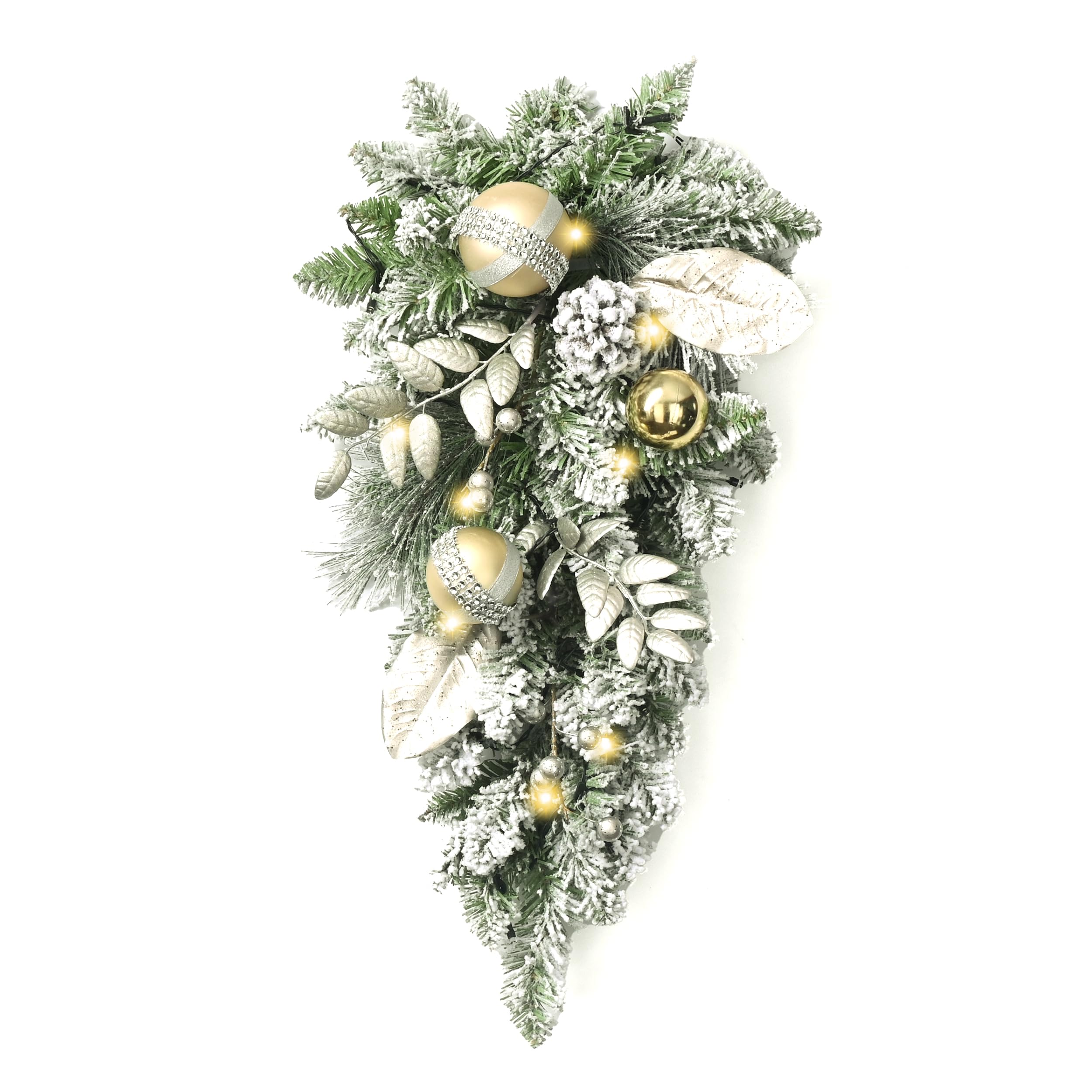 alery Madelyn 24 Inch Pre Lit Christmas Teardrop with 15 Led Lights, Christmas Swag Decorations with Gold Baubles Ornaments for Front Door, Staircase, Porch, Outdoor, Window