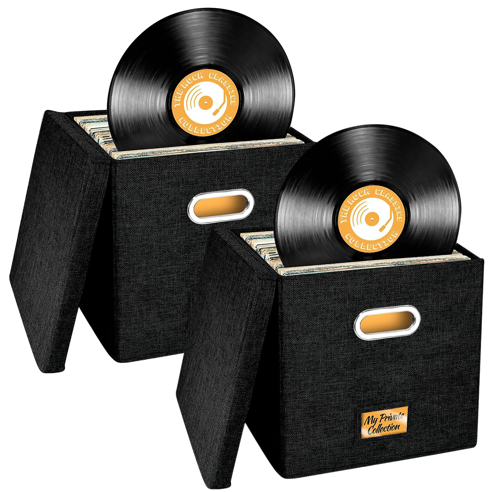 Aolawco 2 PCS Vinyl Record Storage Box for 13 inch Records, Folding LP storage boxes Holds up to 100+ Single Records, Records Organizer for Albums, CDs, Passports, Magzine, Files - Black