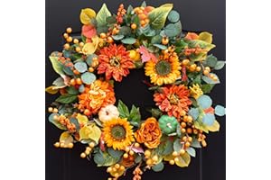 PURECOSY Fall Wreaths for Front Door 24 Inch Autumn Wreath with Sunflowers, Orange Dahlias, Maple Leaves & Berries – Fall Door Wreath for Outdoor or Indoor Thanksgiving Decor