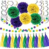 32-Piece Mardi Gras Decorations Set - Tissue Paper Pom-Poms, Tassel Garland, Circle Garland, Hanging Swirl Decorations for Party Backdrop