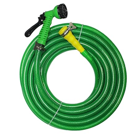 TechnoCrafts PVC Braided Water Hose for Hose Accessories 10 Meter (33 Feet) 3/4 (0.75 inch Or 19mm) Bore Size - 3 Layered Hose Pipe with 7 Function Spray Gun, 1 Tap Connector & 2 Butterfly Clamps