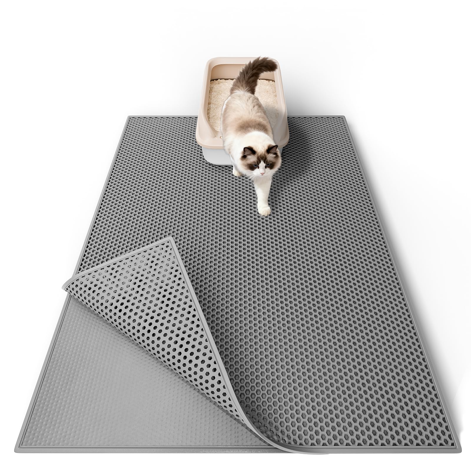 Garoopion Cat Litter Mat, 76 X 61 cm EVA Litter Trapping Mat, Double Layer Honeycomb Holes Design, Grey, 1 Side Connected