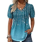 Zeagoo Women's Puff Short Sleeve Boho Shirts Casual V Neck Floral Solid Summer Blouse Pleated Tunic Top