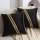 WACOMECO Pack of 2 Gold Throw Pillow Covers - Soft Decorative Luxury Velvet Cushion Covers Pillow Cases with Gold Leather for Sofa Bedroom Livingroom Car, 18 x 18 in, Black