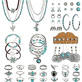 IXNEOP 64 pieces Silver Bohemian Jewelry Sets with 6 pcs Turquoise Necklaces 7 pcs Bracelets 15 pairs Earrings 21 pcs Knuckle Rings Suitable for Daily life Gatherings Party Festivals and Travel