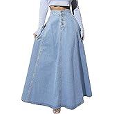 SEMATOMALA Women's A Line Retro High Waisted Long Jean Skirts Button Fly Flared Flowy Swing Denim Maxi Skirts