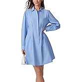 D-Sun Women Pleated Shirt Dress Casual Button Down Long Sleeve Striped V Neck Collared Mini Dress with Pockets