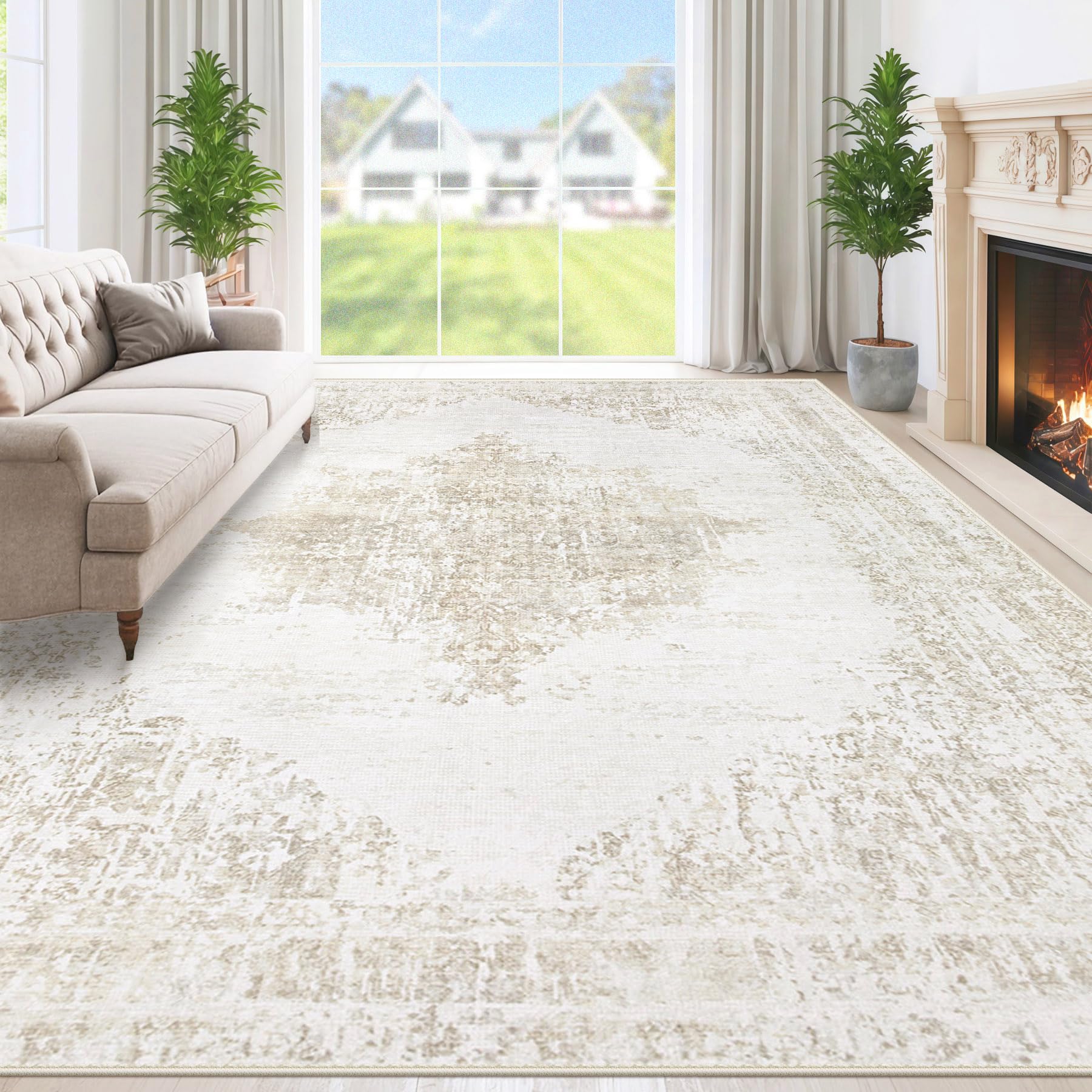 Photo 1 of 8x10 Area Rugs for Living Room: Washable Rug Vintage Rugs with Non-Slip Backing Large Rugs Low Pile Indoor Retro Carpet for Bedroom Dining Room Home Office (Beige, 8' x 10')