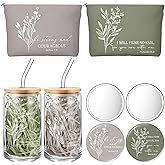 Fumete 2 Set Christian Gifts for Women Bulk Religious Makeup Bag Bible Verse Glass Cup Mini Christian Compact Mirror Regalos Cristianos for Mothers Day Birthday Graduation Church Gift (Neutral Colors)