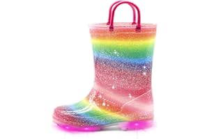 EUXTERPA Toddler Kids Waterproof Light Up Rain Boots Patterns and Glitter Boots with Handles for Boys Girls