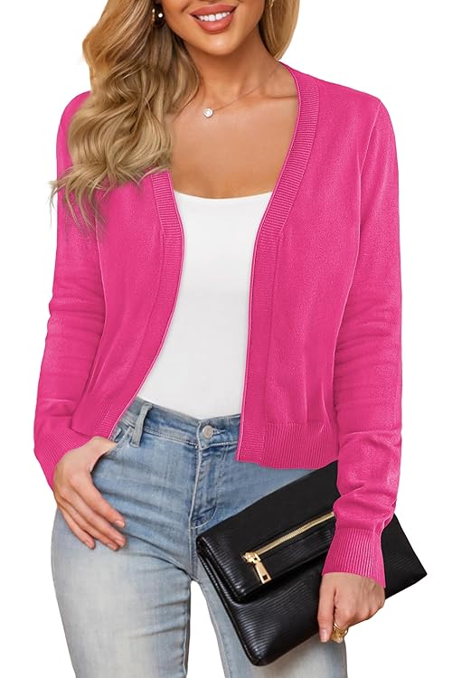 Plusashion Women's Long Sleeve Cropped Cardigan Sweaters Open Front Bolero Shrug for Dresses, Rose S