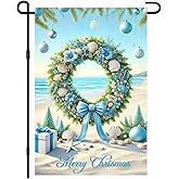 IVN Merry Christmas Garden Flag 12x18 Inch Coastal Wreath Beach Seashells Blue Holiday Outdoor Decor Double Sided Seasonal Welcome Garden Flag for Yard Home Porch Patio Lawn Decorations