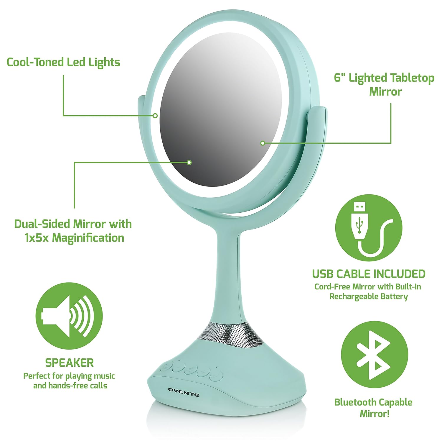 OVENTE Tabletop Vanity Mirror with Speaker, 6 Inches, 1× & 5× Magnification, Wireless/MP3 Flash Drive Compatibility, 2000 mAh Rechargeable Battery-operated (MRT06BL1X5X)