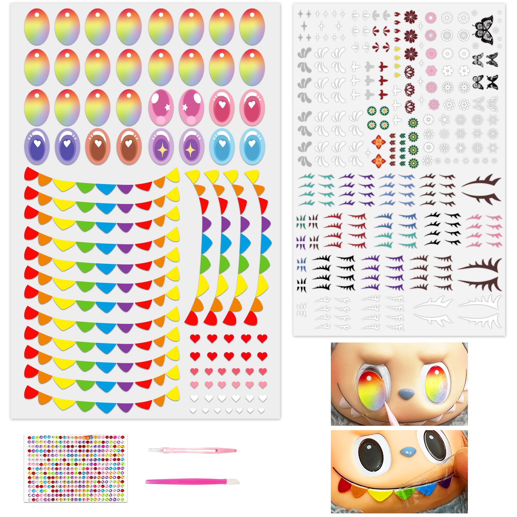 Photo 1 of LUFEEMGA 16 Pairs of Eyes and 16 Rows of Teeth Stickers for 17cm Dolls for 17cm Doll, DIY 2 Sheets with Doll Makeup Face and Eyelash Stickers with Makeup Tool Accessories Set