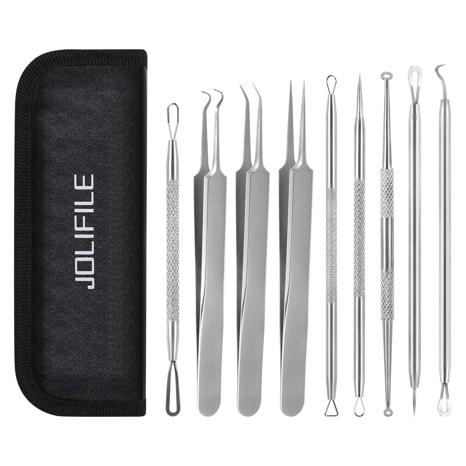 JOLIFILE Pimple Popper Tool, 9 PCs Spot Popper Comedone Blackhead Remover Kits with Curved Tweezers and Pimple Popper Spot Remover for Facial Skin (9PCS-Silver)