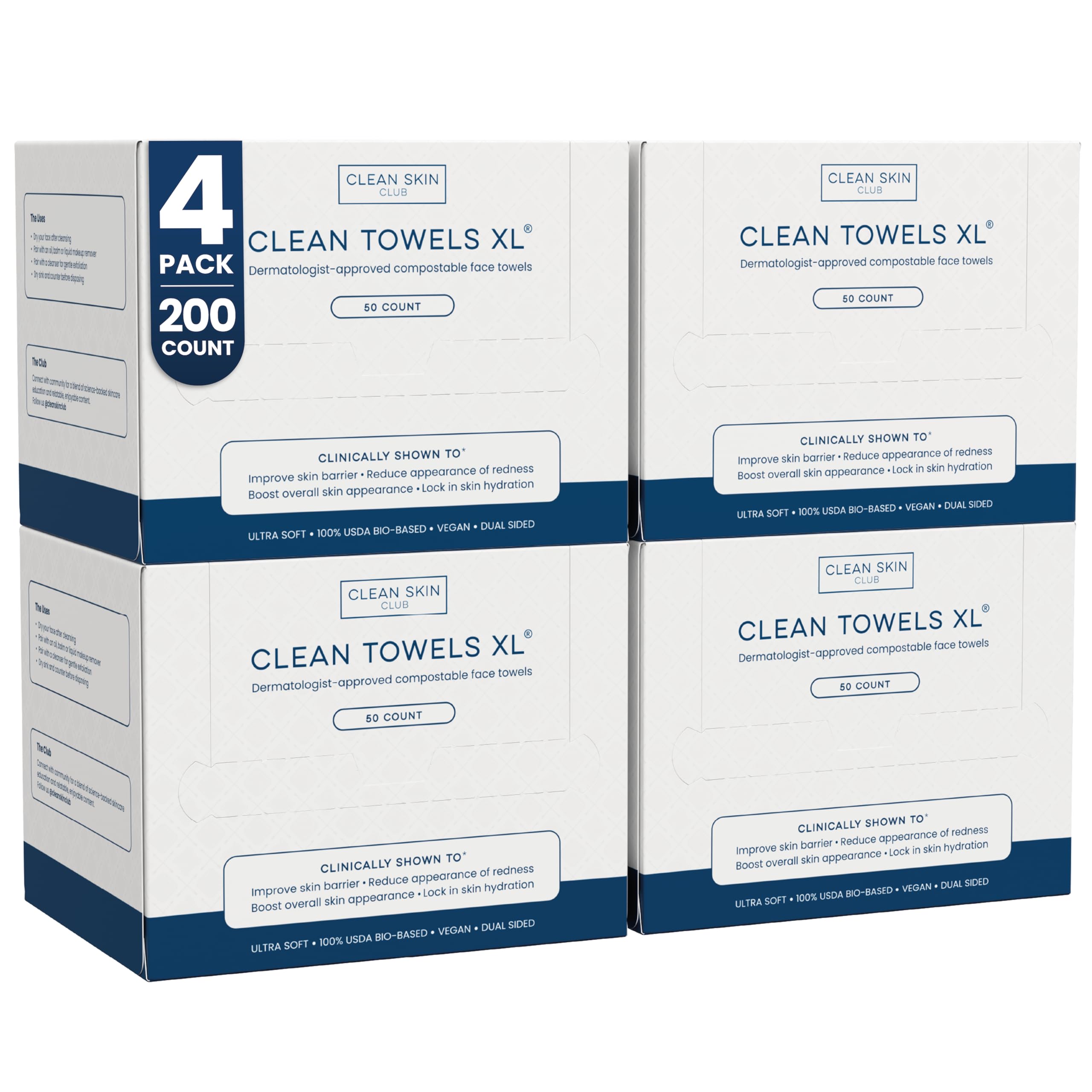 Clean Skin Club Clean Towels XL®, 100% USDA Biobased Face Towel, Disposable Face Towelette, Eczema Association Accepted, Makeup Remover Dry Wipes, Ultra Soft, 50 ct per pack, 4 Packs, 200 Ct Total