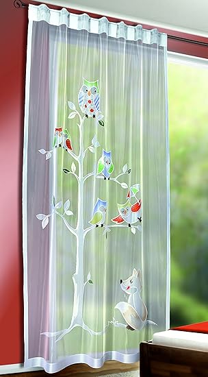 Sympathische Gardine mit Schlaufen / Schlaufenschal mit vedeckten Schlaufen / Voile ' HAPPY OWLS ' in weiss mit lustigen Eule