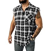 Sleeveless Flannel Shirt Men - Lightweight Plaid Casual Button Down Shirt Cowboy Vest with Raw Hem