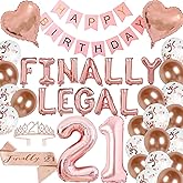 21st Birthday Decorations for Girls 21 Years Old Party Decoration for Her Happy Birthday Banner Finally 21 Sash and Tiara Crown Latex Balloons for Women Happy 21st Bday (Rose gold)