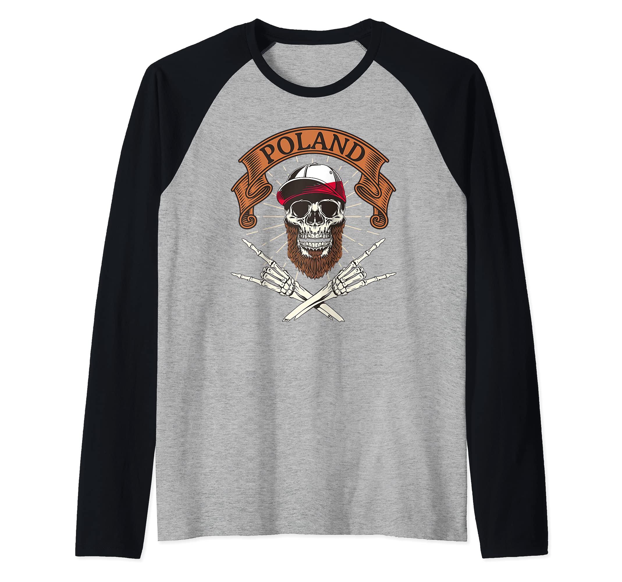 Poland Skull Polish Flag Poles Polska Raglan Baseball Tee