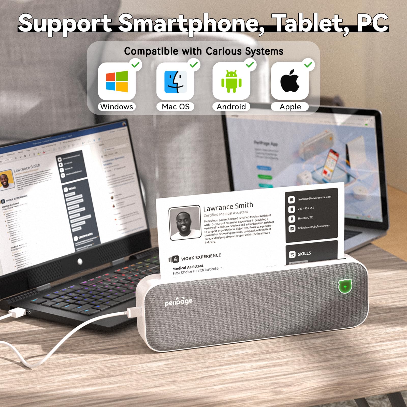 PeriPage A40 Thermal Inkless Portable Printer, Supports US Letter & Legal Length, Wireless Bluetooth Mobile Travel Compatible with Android and iOS, Prints Documents,Tattoo Paper, Photos Grey