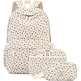 Backpack for Girls Boy Teen Corduroy Bookbags Elementary Middle High School Women Laptop Bag with Lunch Box Pencil Bag (Flower Beige)