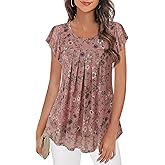 Furnex Women's Short Sleeve Tunic Shirt Pleated Mesh Blouses Summer Floral Tops