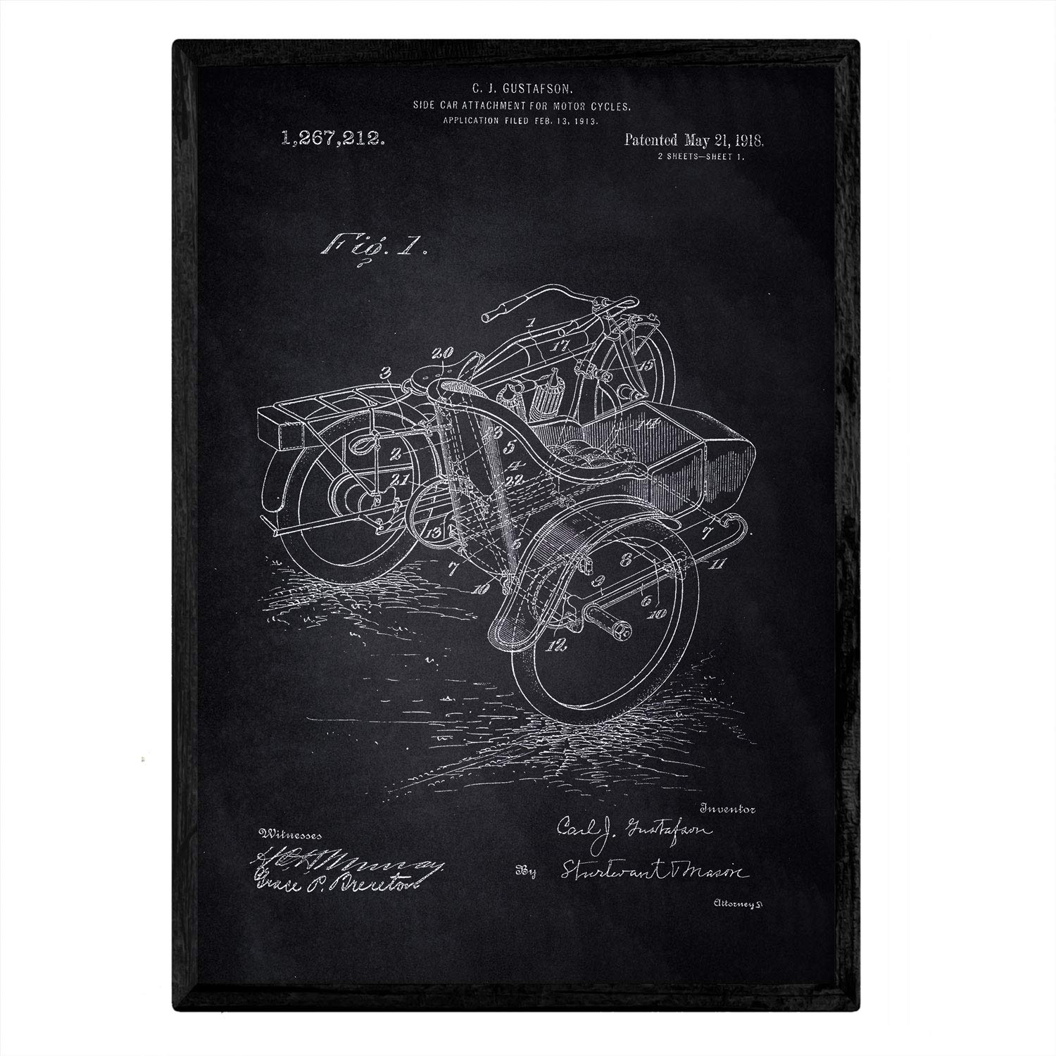 Nacnic Patent Poster with sidecar. Sheet with old design patent A3 size with black background