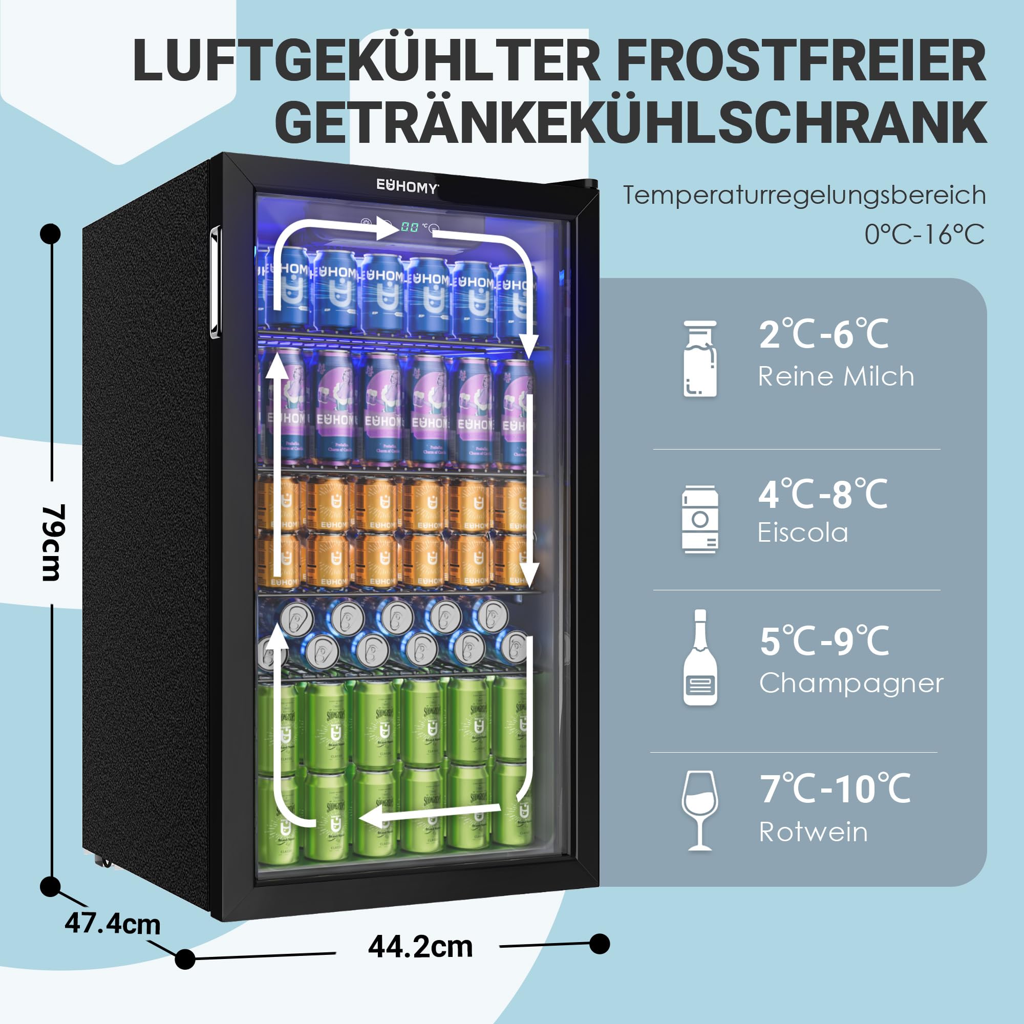 EUHOMY 90L Getränkekühlschrank, Mini-Kühlschrank für 126 Dosen mit Glastür, kleiner Kühlschrank mit verstellbaren Regalen für Limonade, Bier oder Wein, für Zuhause/Bar/Büro, Schwarz Edelstahl 3