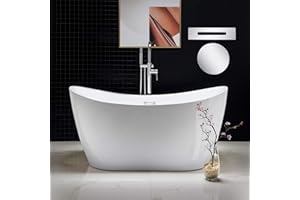 WOODBRIDGE 59" Acrylic Freestanding Bathtub Contemporary Soaking White Tub with Chrome Overflow and Drain，BTA1516-C-Drain-&O