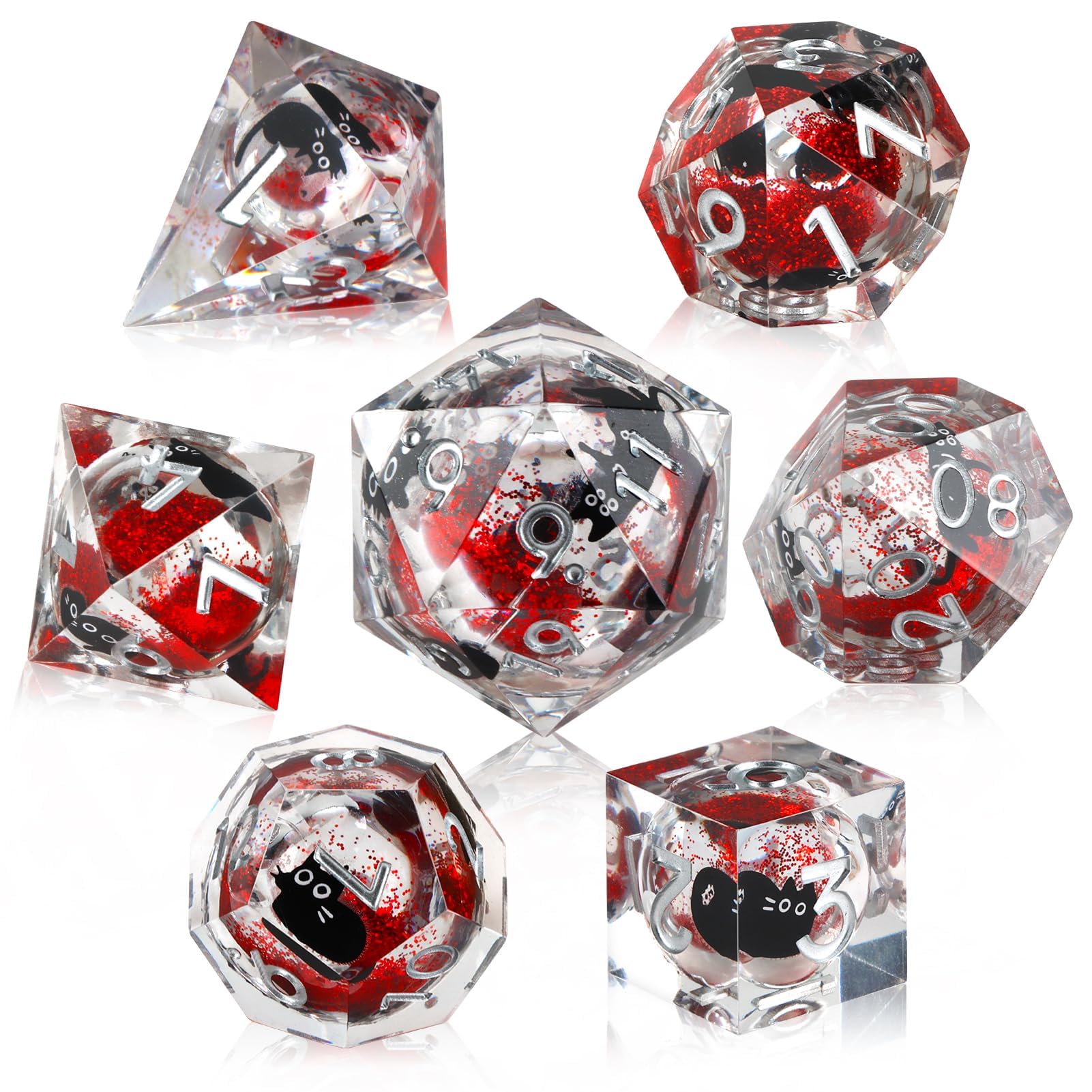 Liquid Core DND Dice Set 7Pcs Sharp Edge Polyhedral Resin D&D Dice for Dungeons and Dragons RPG MTG Table Games,Role Playing Dice Set D20, D12, D10, D%, D8, D6, D4 (Red Cat)