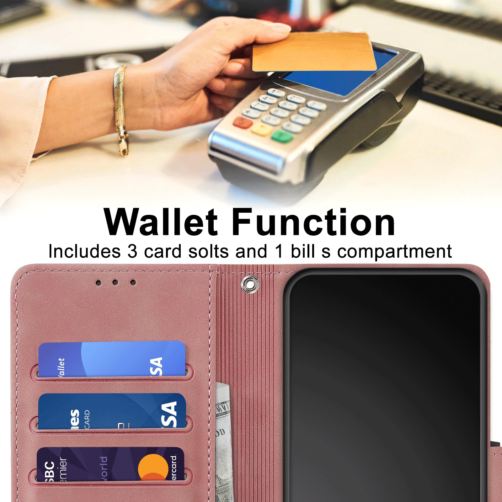 Handyhülle für Google Pixel 10a Leder Wallet Tasche Rosa 6