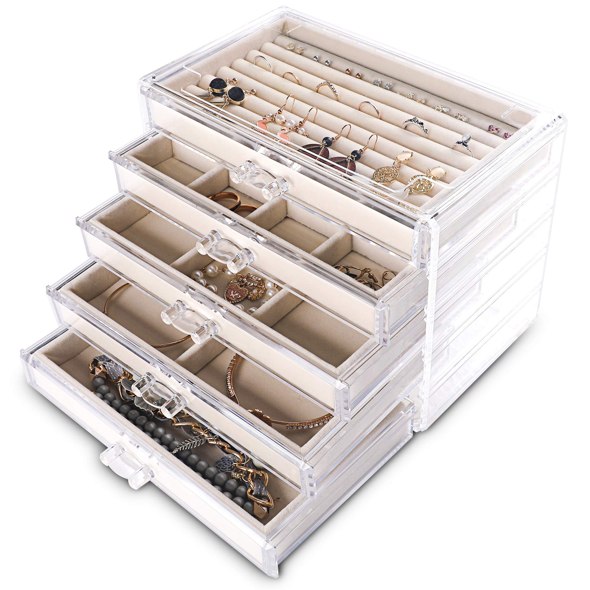 Frebeauty Frebeauty Extra Large Acrylic Jewelry Box for Women Girls 5 Layers Clear Velvet Earring Organizer with 5 Drawers Rings Display Case Necklaces Holder Tray (Beige)
