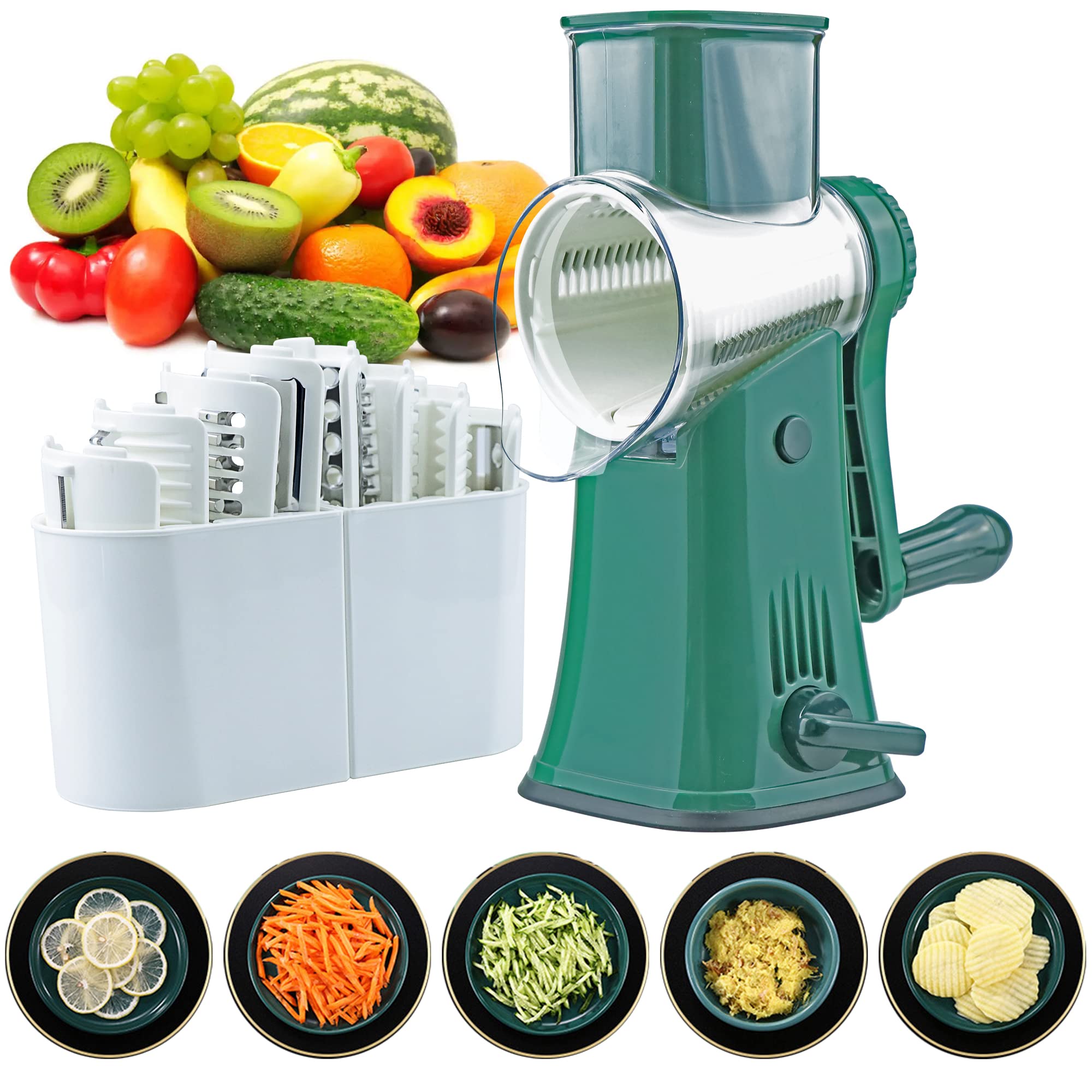 BenRich 5 in 1 Rotary Cheese Grater & Vegetable Slicer - with 5 Interchangeable Blades and Comfort Handle, Kitchen Mandoline Slicer for Cheese, Vegetables and Nuts (Green)