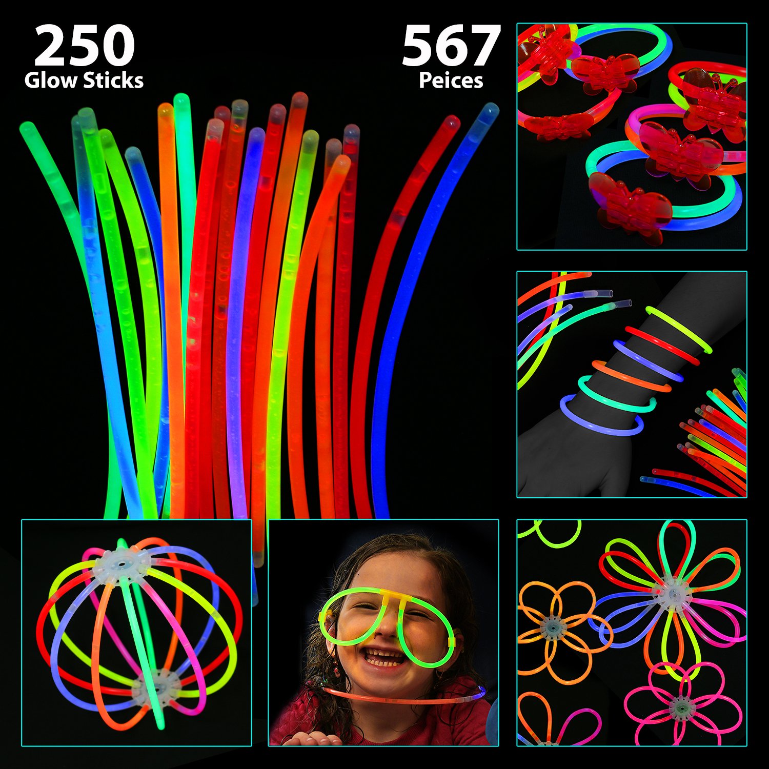 Bulk Pack of 567 Glowing Sticks 250 Glow Sticks + 250 Connectors + 67