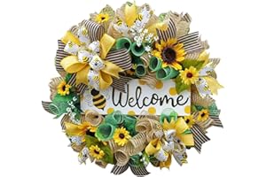 ADORAMUSDE Sunflower Wreaths for Front Door Bee Wreath Door Hanger, 16 Inche Welcome Sign Summer Spring Bee Door Wreath Decor Outdoor Kitchen Yellow Wreaths Floral Home Decoration Sunflower Wreaths Swag