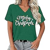 VQD Womens Christmas Shirts Merry and Bright Tshirt Christmas Lights V Neck Tee Shirt