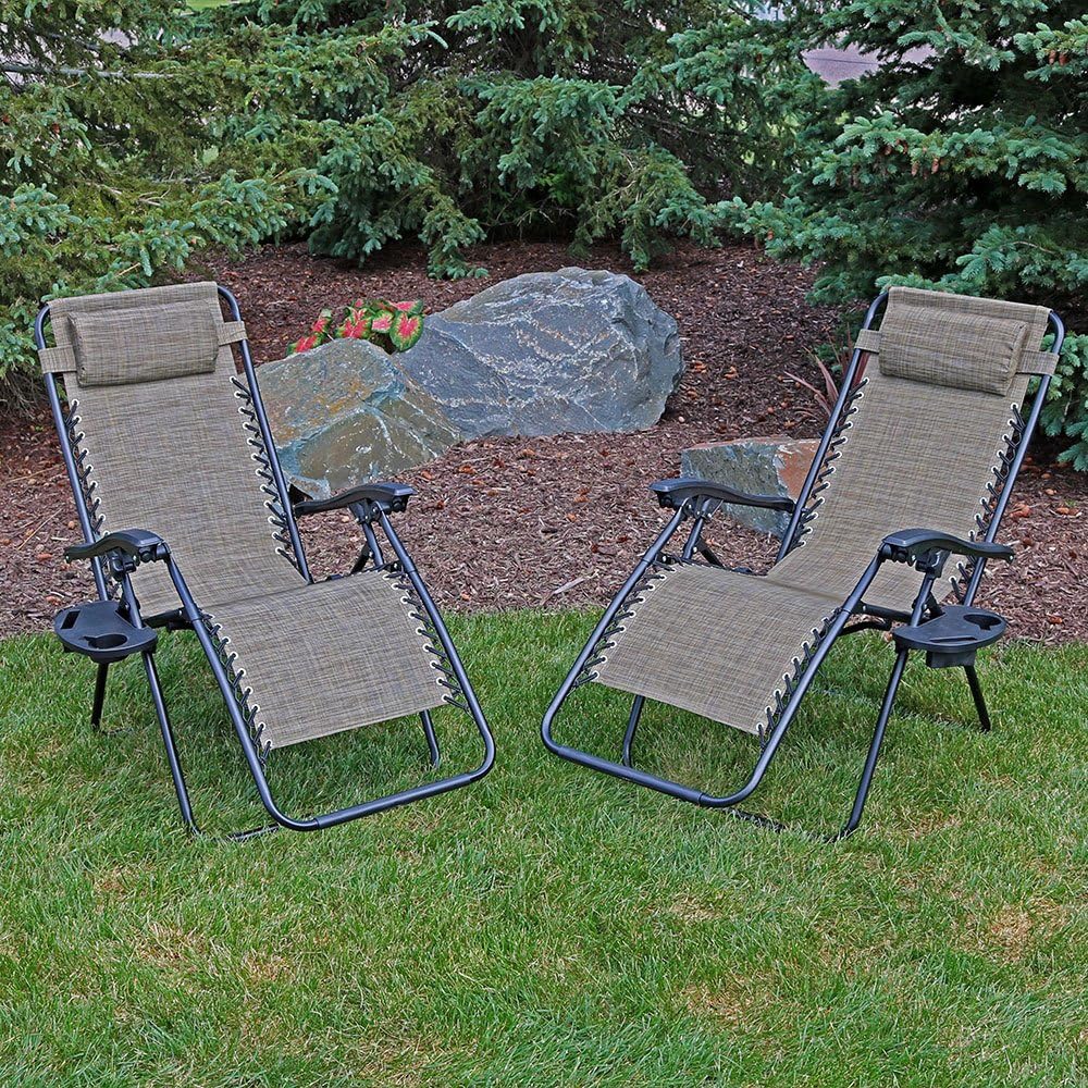 Sunnydaze Outdoor Zero Gravity Lounge Chair with Pillow and Cup Holder, Folding Patio Lawn Recliner, Set of 2, Brown: Kitchen & Dining