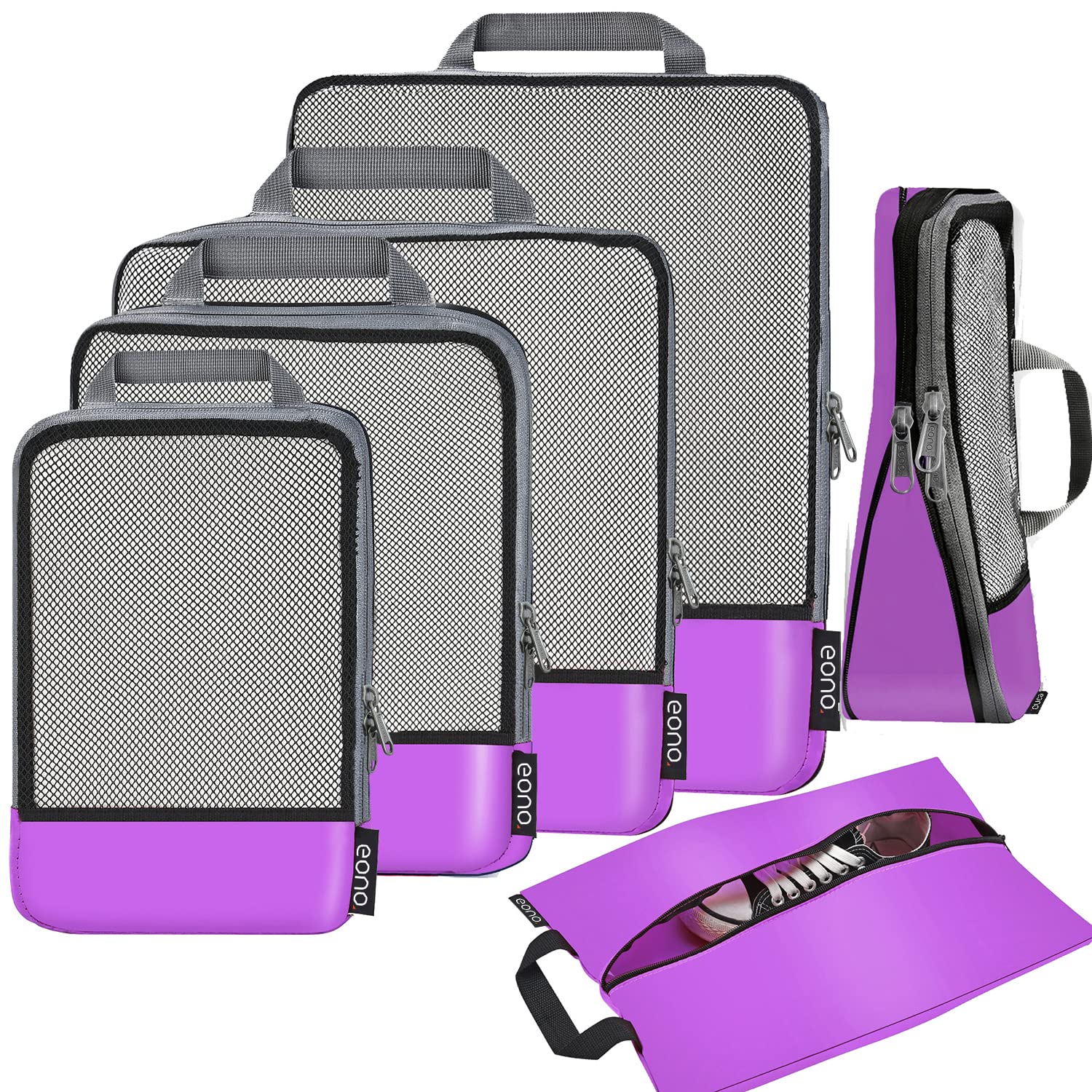 Eono Compression Packing Cubes, Luggage Organiser Set, Extensible Suitcase Organiser, Packing Organisers for Suitcases, Packing Cubes for Travel or Home Storage - Purple, 6 Set