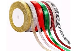 KIGEAPUEL 6 Rolls 150 Yards Christmas Wrapping Ribbon Glitter Fabric Holiday Festival Satin Plaid Ribbons for Gift Wrapping Decoration Floral Bows Craft…
