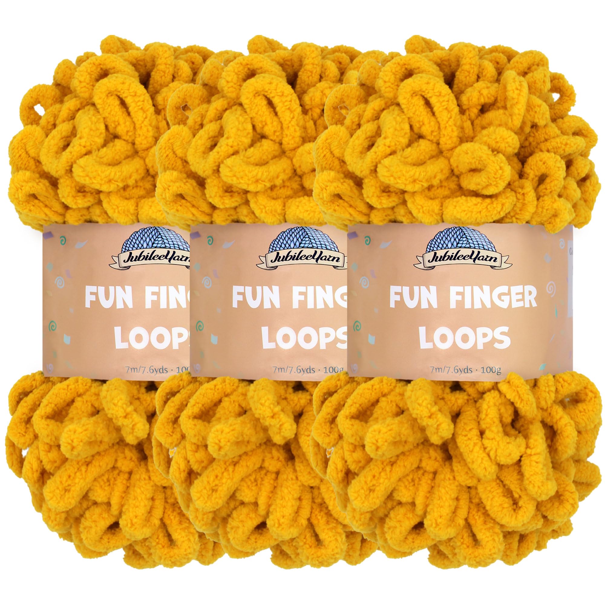 JubileeYarn Fun Finger Loops Yarn - Polyester Jumbo Weight Loop Yarn - 100g/Skein - Mustard - 3 Skeins
