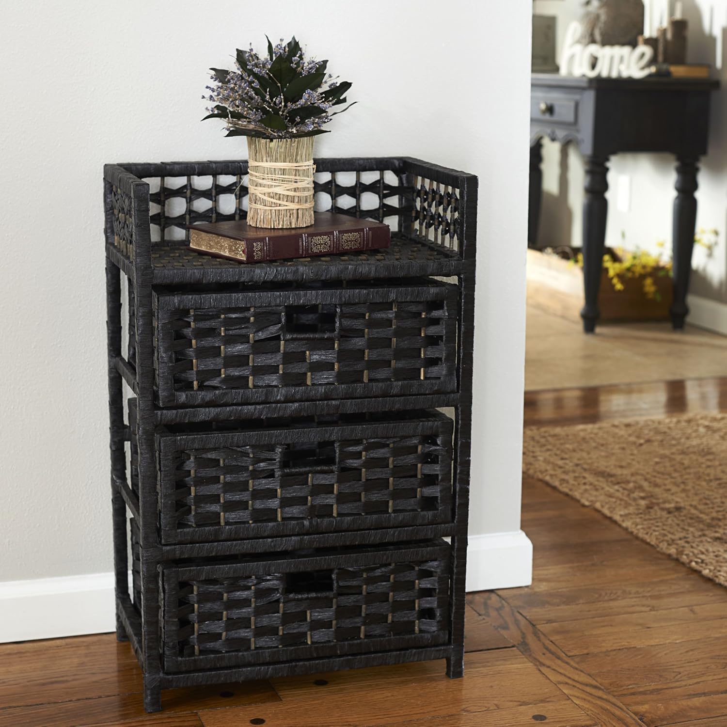 Household Essentials Hand-Woven Paper Rope 3-Drawer Chest, Black Stain: Home & Kitchen